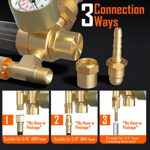 BETOOLL argon/CO2 MIG/TIG flow meter gas regulator with CGA580 inlet, gauge, and brass adapters