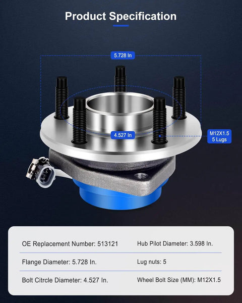 Front/Rear Wheel Hub & Bearing Assembly OE 513121 - 5-Lug ABS, Flange 5.80 in, product specifications and dimensions shown.