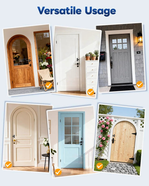 Various door styles showing versatility for the Built Tough Aluminum Pocket Door Lock With 90 Degree Flip Latch For Barn Doors Bedroom And Bathroom Privacy Hardware Child Safety Easy Install Ideal For Garden Gates Cabinets And Sheds.