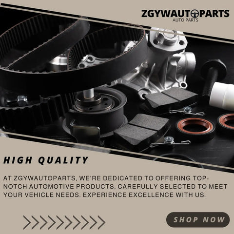 Assorted automotive parts including belts, seals, and mechanical components on a dark surface, labeled 'High Quality'.