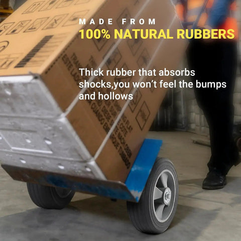 Two Pack 8 Inch Flat Free Solid Rubber Wheel And Tire Assemblies on hand truck carrying a box, highlighting shock absorption