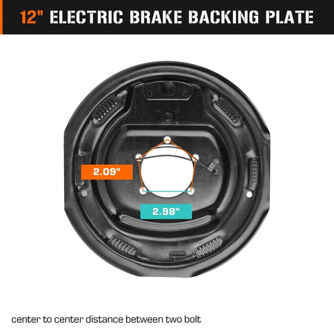 12-inch electric brake backing plate for 6-on-5.5 bolt circle trailer axle, black steel, front view