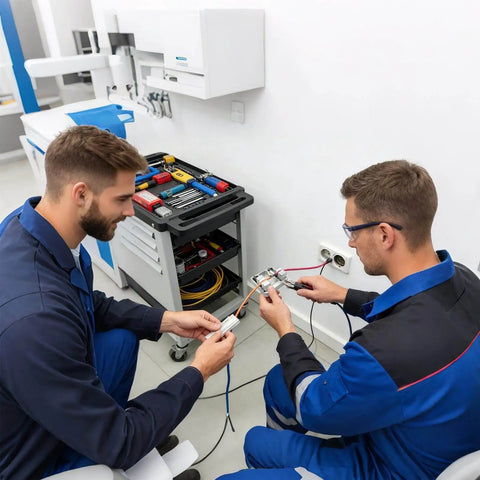 Two technicians in a lab using an adjustable aluminum soldering jig for electronics PCB assembly and jewelry watch repair.