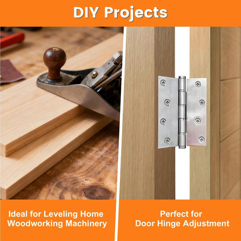 60 Piece Shim Stock Assortment 2 Inch Wide By 6 Inch Long Metal Shims For Leveling And Gap Filling 304 Stainless Steel Thin Strips In 10 Thicknesses From 0.0007 To 0.01 Inch displayed in DIY applications for leveling and hinge adjustment.