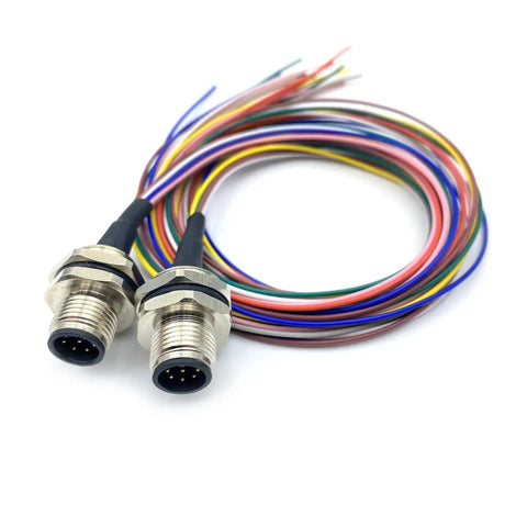 Two Pack M12 8 Pin A Code Male Connector Cable Rugged Weatherproof IP67 Back Mount Unshielded Straight Aviation Socket Sensor Receptacle 60V 2A 0.5 Meter For Industrial Panel Wiring Harness