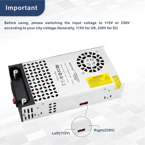 Beefy 24V DC Power Supply 600W 25A Switching Adapter showing fan and voltage switch options for 3D Printers, LED Strips, and Motors.