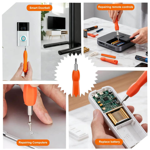 Collage of Double Ended T6 T15 Screwdriver Tool For Video Doorbell Replacement Battery Change And WiFi Password Reset Magnetic Precision Bits in use.