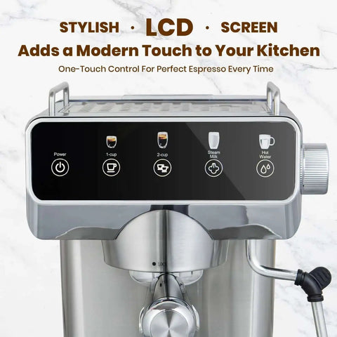 Front view of Espresso Machine With 20 Bar Pressure, Touchscreen Interface, Milk Frother And Hot Water showing touchscreen panel.