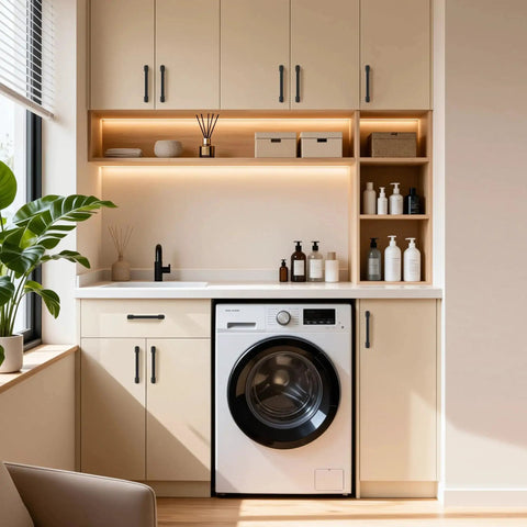 Laundry room with beige cabinets featuring 3 Pack 5 Inch Center Hole Matte Black Kitchen Cabinet Handles Modern Cabinet Pulls For Dresser And Drawers Solid Zinc Alloy Hardware Rust Resistant Finish Easy To Install Durable Long Lasting Cabinet Hardware