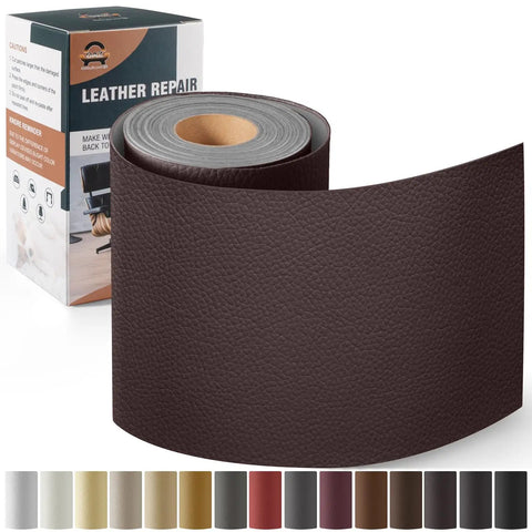 Leather Repair Kit For Furniture And Auto Seats 4 By 63 Inch Self Adhesive Leather Tape Patch For Sofa Couch Car Boat Chair Dark Brown Waterproof Durable Vinyl Patch Kit For Home Car Boat displayed with roll of dark brown vinyl tape.