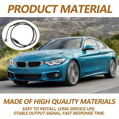 Rear brake pad wear sensor cable assembly; black flexible wiring with connectors, front-side view of blue car with inset sensor close-up