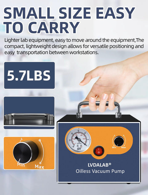 Adjustable lab vacuum pump with orange front panel, gauge and handle; LVDALAB oil-free diaphragm pump, 15 L/min, 110–220V