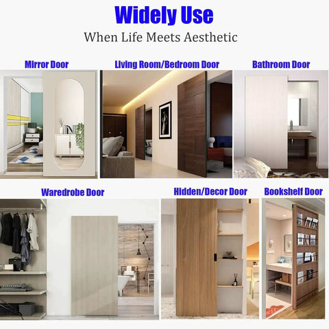 Widely used concealed wall mount sliding barn door hardware in various settings like bedrooms, bathrooms, and closets.
