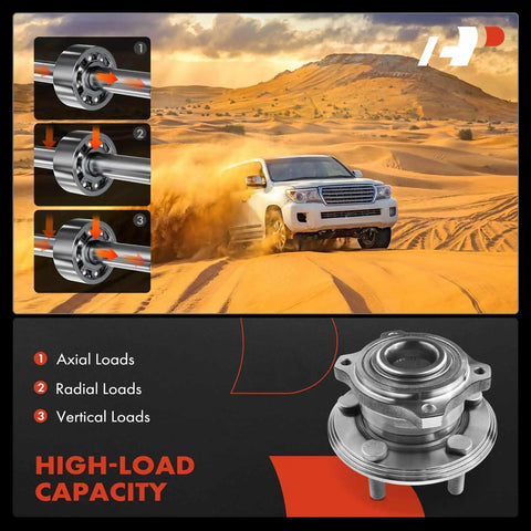 Diagram and photo illustrating high-load capacity rear wheel bearing and hub assembly for Dodge Charger, Challenger, and Chrysler 300.