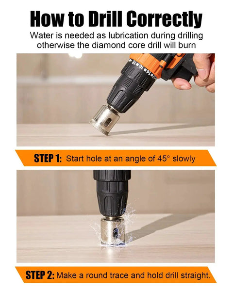 Instructions on using Diamond Drill Bits Set 10 Piece Diamond Hole Saw Kit For Glass, Ceramic Tile, Porcelain, Marble, Granite, Stone And Bottles Pro Grade Carbon Steel Core With Diamond Coating For Fast Clean Sharp Holes