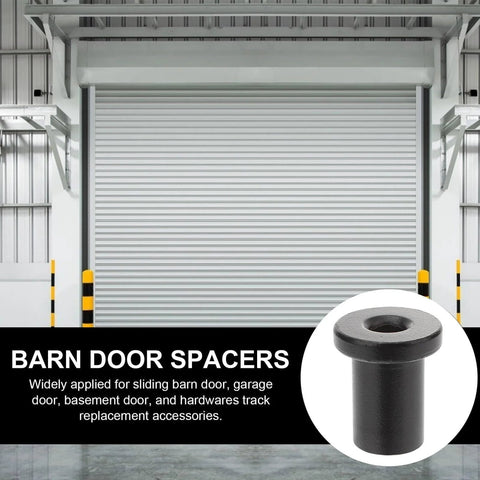 Sliding Barn Door Spacers Kit DIY Ready 5 Pcs Flat Track Hardware Replacement For Wall Mounting Connectors Durable High Carbon Steel Corrosion Resistant Fits Garage Basement Farm Doors Easy Install, shown with a metal spacer in front of a closed garage door.