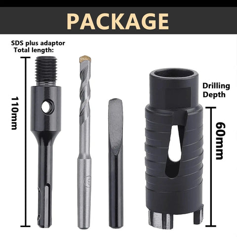 1 Inch Diamond Core Drill Bit With SDS Plus Adapter for Dry and Wet Drilling, 25mm Diameter, 60mm Depth, product components.