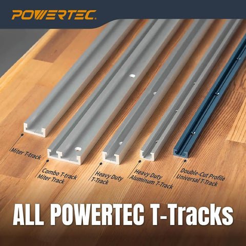 Powertec T-Tracks lineup including miter track and heavy-duty aluminum T-bar for 48-Inch Miter T Track With T Bar For Table Saw.