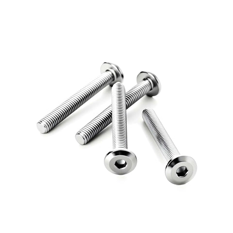 Three Sixteenths Inch Diameter 24 Threads Per Inch Fully Threaded Flat Head Hex Socket Cap Screws Bolts Beefy Heavy Duty In 304 Stainless Steel 18 8 Grade Bright Finish For Countersunk Furniture Connectors And Machinery Hardware, showing four screws on a white background.
