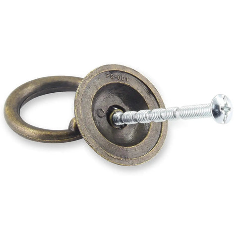 Close-up of 10 Pack Bronze Ring Pull Handles For Cabinets And Drawers Single Hole Design 1.36 Inch with mounting screws