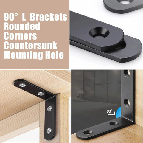 18 Pack L Shape Corner Brackets Stainless Steel Heavy Duty Black 2 Inch Shelf Brackets with long screws, close-up and installed view.
