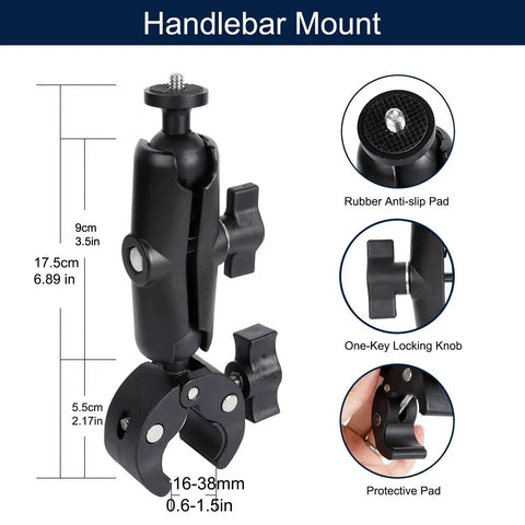 Dope Motorcycle Handlebar Magnetic Mount Kit For Action Cameras With 1/4 Inch Thread 360 Degree Rotating Ball Head Clamp Durable GoPro And Insta360 Mounts Works With X3 X4 X5 And GoPro Hero 13 12 11 10 9 8 shown with dimensions and features