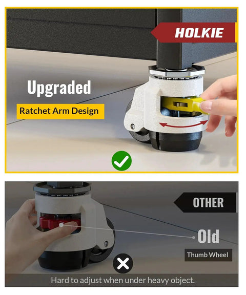 Leveling Stem Casters Set Of 4 Heavy Duty Retractable Caster Wheels with adjustable ratchet handle for workbenches and machines.