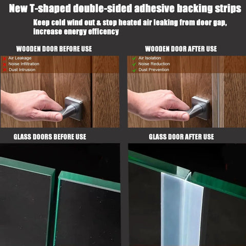 Clear Silicone T Shaped Door Draft Stopper With Double Sided Adhesive Seal Strip For Side Of Door Frame, Weather Stripping That Blocks Wind And Cold Air, Fits Gaps On Doors And Windows, Easy Install, shown on wooden and glass doors.