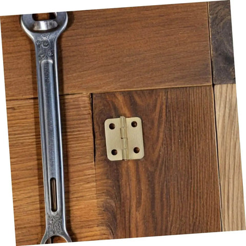 Miniature Iron Cabinet Hinges Set With 40 Pieces 270 Degree Round Corner Hinges For Jewelry Boxes And Wood Cases Small Decorative Hardware Hinges With Screws For Chest Lids Great For DIY Crafts And Handmade Projects installed on wooden surface