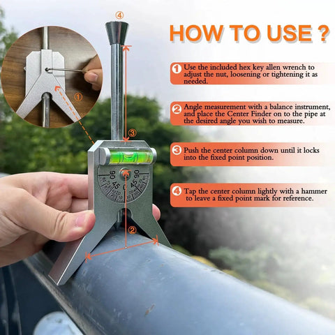 Upgraded Pipe Center Finder For Precise Centering And Angle Measurement Pipe Diameter Gauge For Pipefitters And Welders With Four Inch Y Type Base And Adjustable Dial Bubble Protractor Ideal For Pipes And Tanks One Half Inch And Up shown in use on a pipe with instructional text overlay