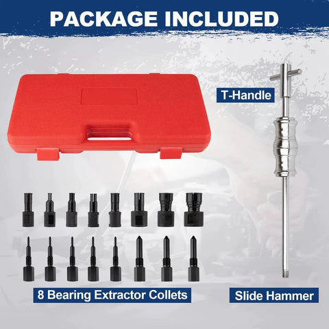 Blind Hole Bearing Puller Set With Slide Hammer And Expandable Collets 8 To 32 Millimeters for automotive use in red case