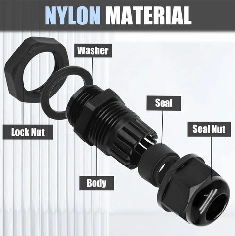 12 Pack Nylon Cable Glands 1/2 Inch NPT Black Strain Relief Connectors For 6-12mm Cables IP68 Waterproof parts diagram
