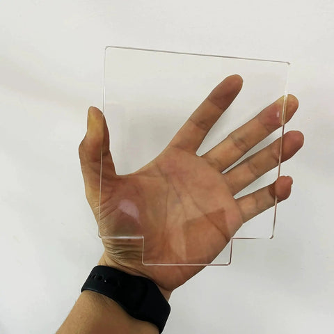 Person holding Clear Cast Acrylic Sheets 4mm Thick Pack of 12 for DIY Laser Cutting Engraving and LED Light Base Panels 5.9 by 5.1 Inches