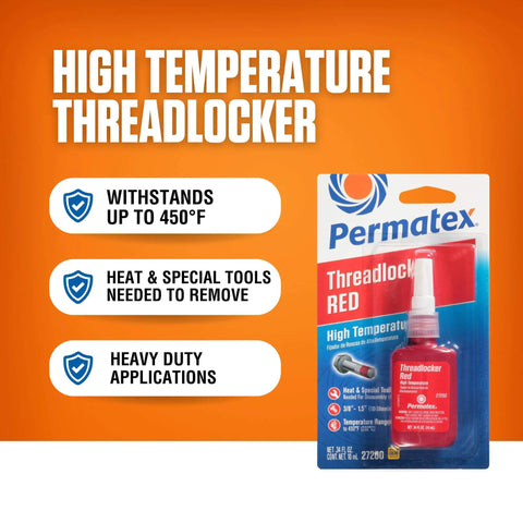 Red High Temp Thread Locker For Engine Bolts 0.375 To 1 Inch Up To 450 Fahrenheit Keeps Bolts Locked Tight Against Vibration And Heat 10 Ml Removable With Heat And Hand Built For High Stress Engines And Everyday Rides With Easy Application And Strong Seal in packaging with product description text