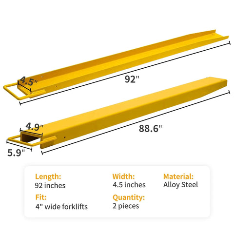 92 Inch Forklift Extensions For 4.5 Inch Wide Forks Heavy Duty Pair shown with dimensions and yellow alloy steel