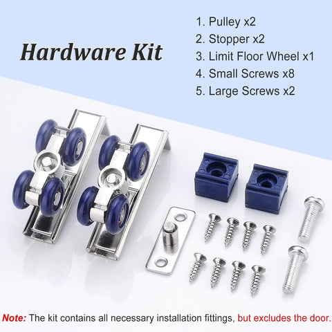 Smooth Glide Cabinet Sliding Door Kit With Double Rails For Kitchen And Wardrobe Interior Bypass Barn Door Hardware Wall Mount System For 36 48 Or 60 Inch Openings Champagne Finish Includes 4 Rollers And Aluminum Track hardware components and screws displayed on a blue background.