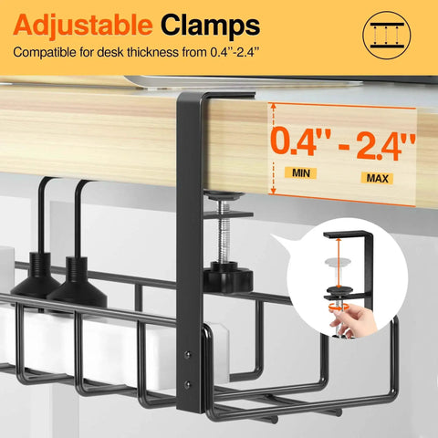 Side view of 2 Pack Under Desk Cable Management Tray With Upgraded Clamp No Drill Wire Organizer 31.4 Inch Metal Desk Cord Rack in use