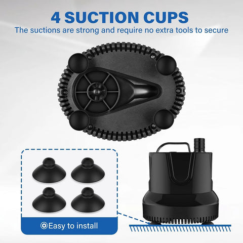Simple Deluxe 800GPH bottom-suction submersible pump with four suction cups, black aquarium fountain pump