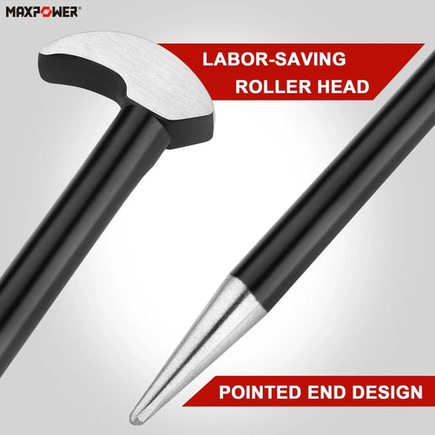 Close-up of rolling head and pointed end of Three Piece Rolling Head Pry Bar Set With 6, 12 And 16 Inch Overall Lengths.
