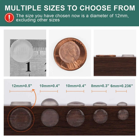 Clear Adhesive Cabinet Bumpers 0.5 Inch Non Slip Rubber Dots For Soft Close in multiple sizes with penny for scale.