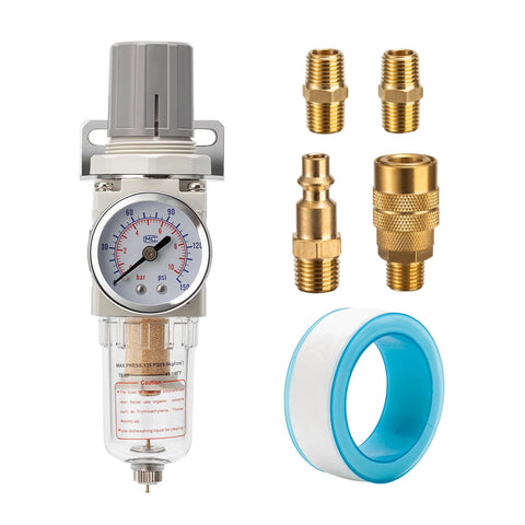 LNCHKA pneumatic air regulator-filter combo with 1/4" NPT, 150 psi gauge, water separator, brass 5-micron cartridge