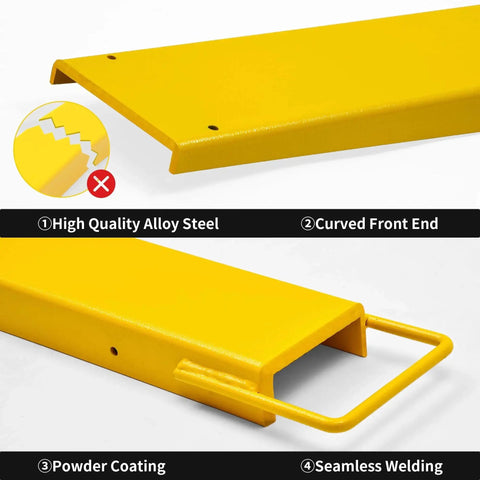 92 Inch Forklift Extensions For 4.5 Inch Wide Forks Heavy Duty Pair in yellow steel with curved front end and seamless welding.