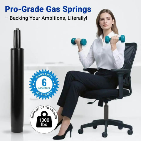 Extra Long Office Chair Cylinder Replacement 14 To 22 Inches With 8 Inch Stroke Heavy Duty 1000 Lbs shown next to woman lifting weights