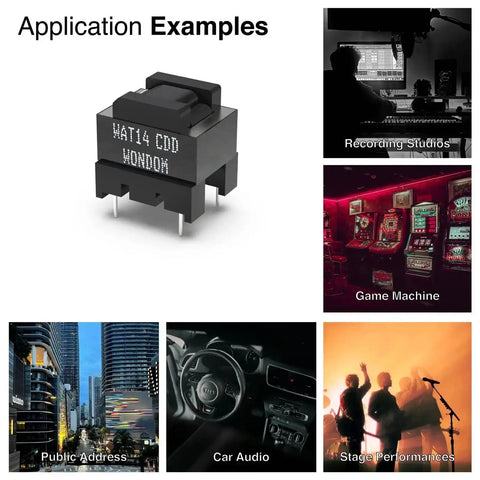 4 Pack Pro Grade Audio Isolation Transformer 600 Ohms To 600 Ohms 1:1 Ratio with application examples in recording studios, game machines, public address systems, car audio, and stage performances.