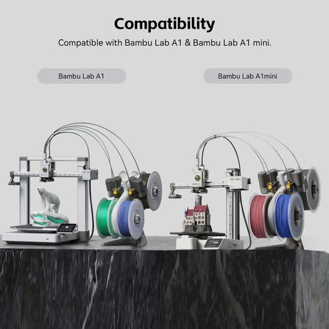 Detachable Filament Spool Holder For Bambu Lab 3D Printers A1 And A1 Mini, holding colorful filament spools next to printers