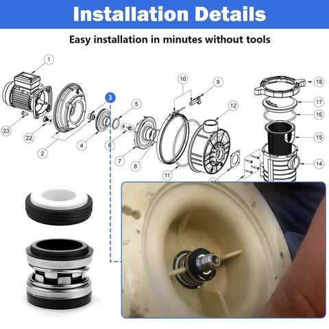 Diagram and close-up of R0479400 Pool Pump Shaft Seal Replacement for Jandy Stealth SHPF SHPM PlusHP PHPF series