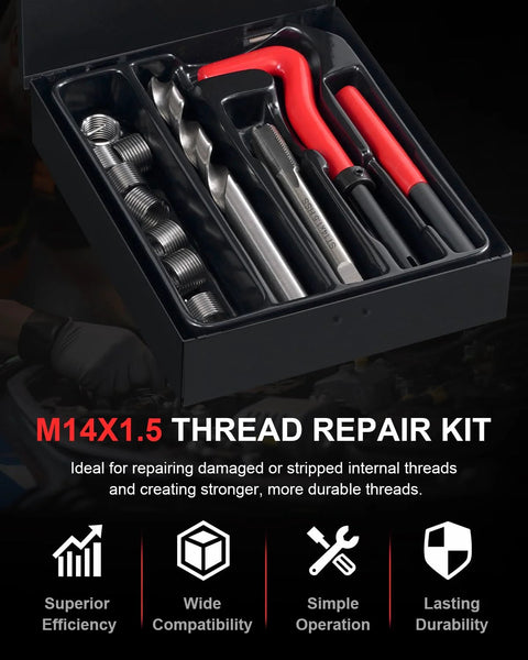 M14x1.5 Thread Repair Kit with helicoil inserts, HSS drill bit, tap, and break-off tool in black case.