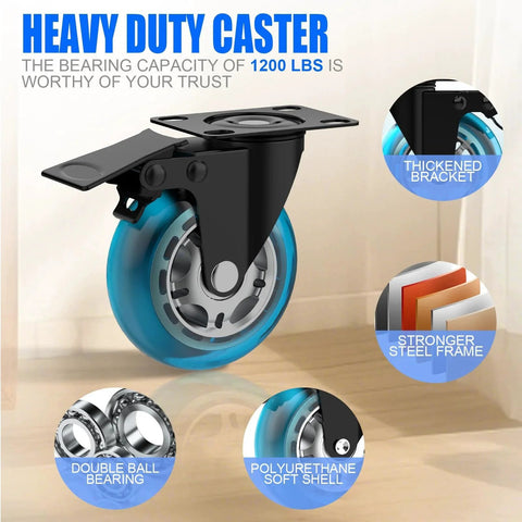 3 Inch Plate Caster Wheels Heavy Duty With Brake 1200 Lbs Set Of 4 Locking 360 Degree Swivel No Noise Polyurethane Non Marking