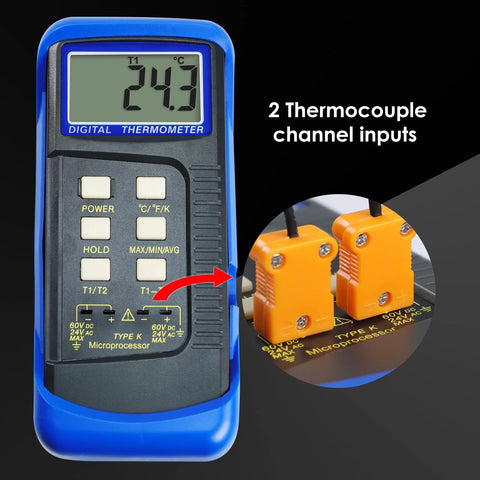 Blue handheld digital thermocouple thermometer with dual inputs; LCD displays 24.3°C and two orange K-type probes.