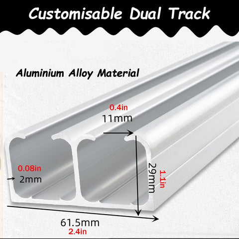 Heavy Duty Sliding Barn Door Hardware Kit In Black Rail For Double Doors Bypass Track System With Soft Close Wall And Ceiling Mount 28 Feet Long Fits 30 To 50mm Thick Doors 2mm Aluminum Tracks showing aluminum track dimensions in 2mm thickness.
